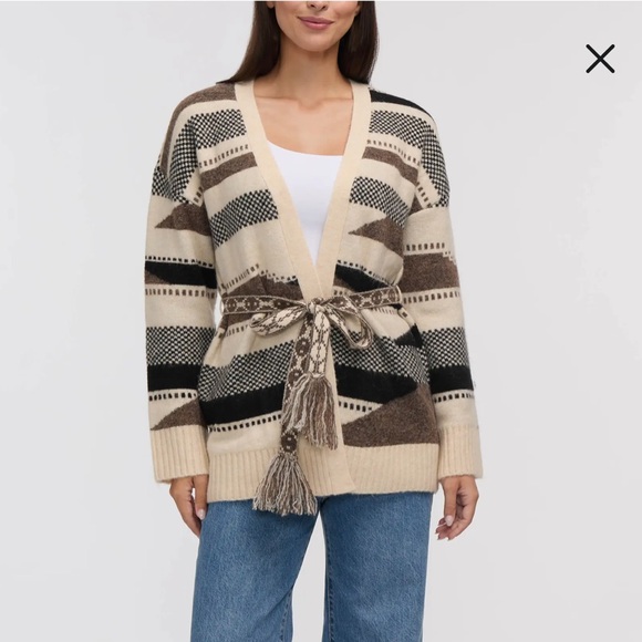 Anthropologie Sweaters - Anthropologie NVLT Stripe Tie Waist Jacquard Cardigan in Brown Mix Aztec